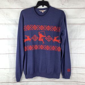 Core Concepts Merino Wool Sweater Pullover Small Red Navy Graphic Ski Deer Geo